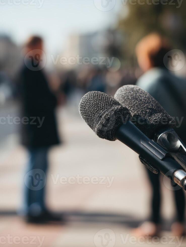 Journalist Interviews a Street Pedestrian With a Microphone in a Busy Urban Area During Daylight Hours photo