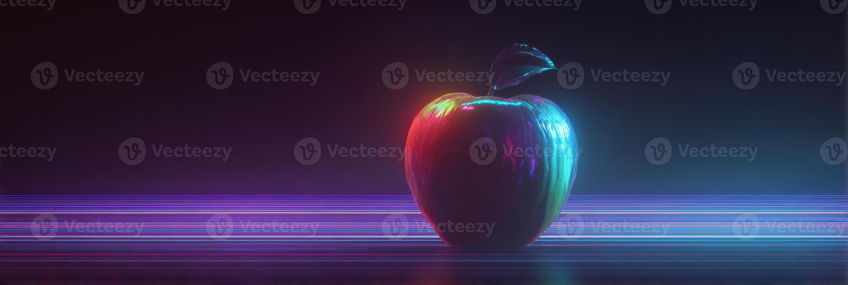 Glitching Neon Apple in Cyberpunk Environment With Vibrant Colors and Empty Upper Section for Creative Expression photo