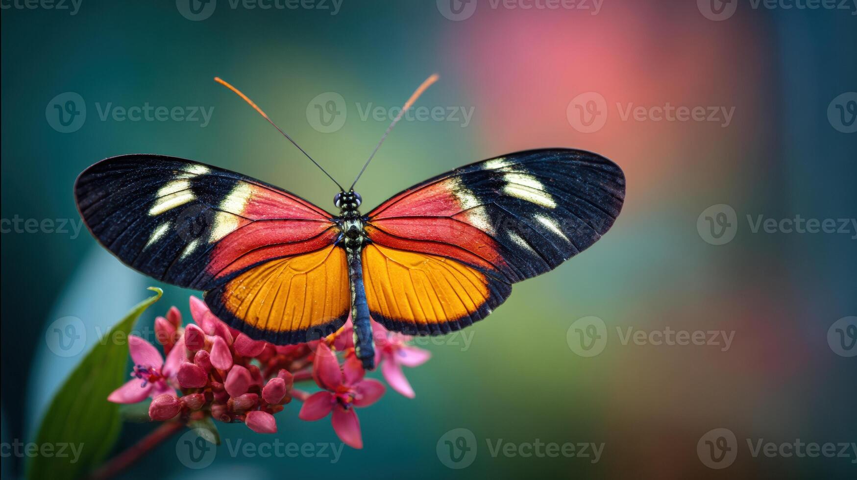 Exotic Butterfly Rests Gracefully on Vibrant Flower Petals, Showcasing Vivid Colors in a Tranquil Garden Setting During Daylight Hours photo