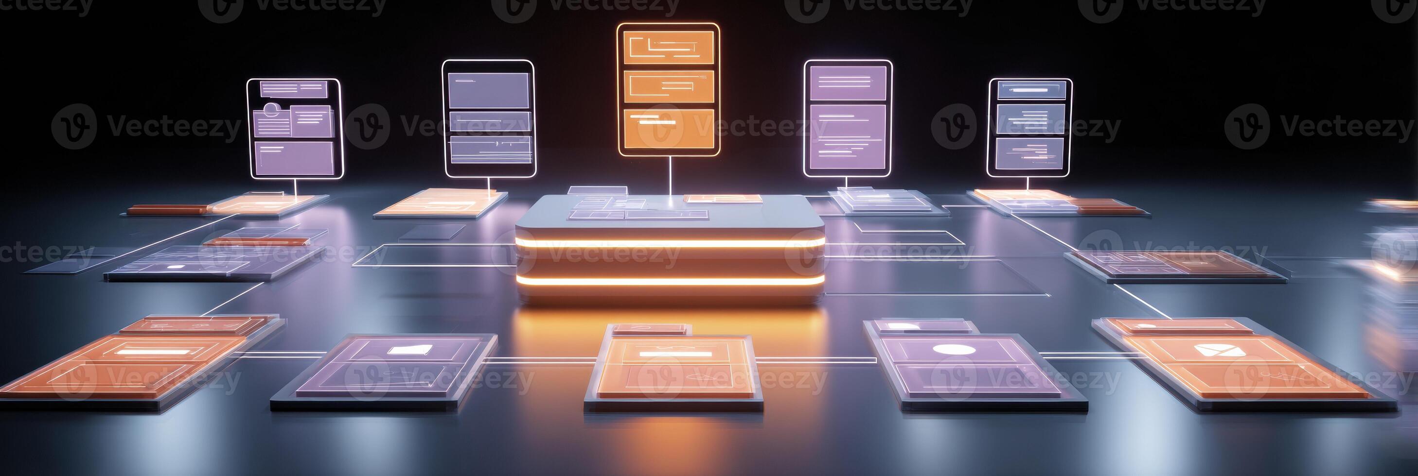 Flowchart of Digital Communication Platforms Displayed Above a Table With a Futuristic Design and Open Upper Area photo