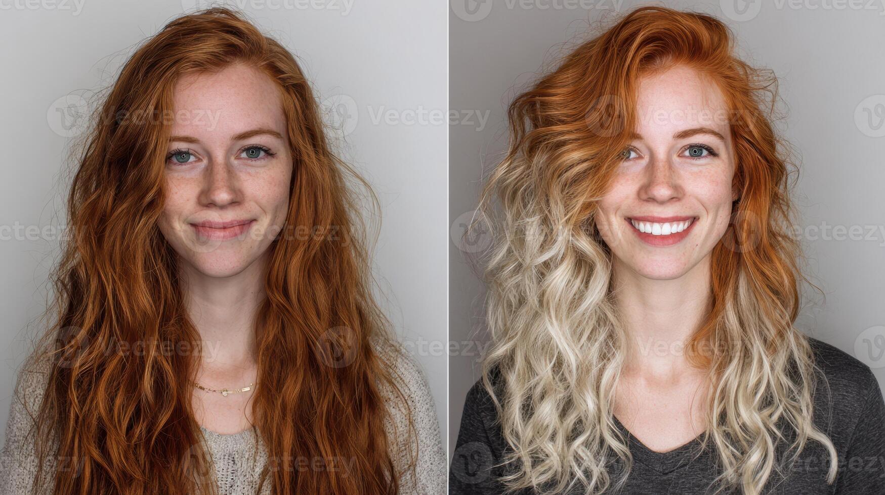 Two Tone Wavy Hair Transformation Showcasing Copper and Blonde Split Dye in a Salon Before and After Style Change photo