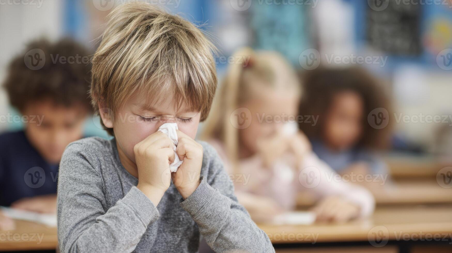 Children in Classroom With One Boy Sneezing and Classmates Engaged in Activities During Morning Learning Session photo