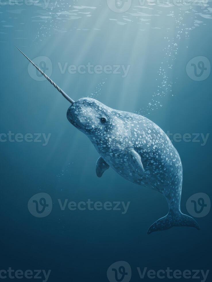Narwhal Swimming Gracefully Underwater With Its Tusk Forward in a Serene Marine Environment photo