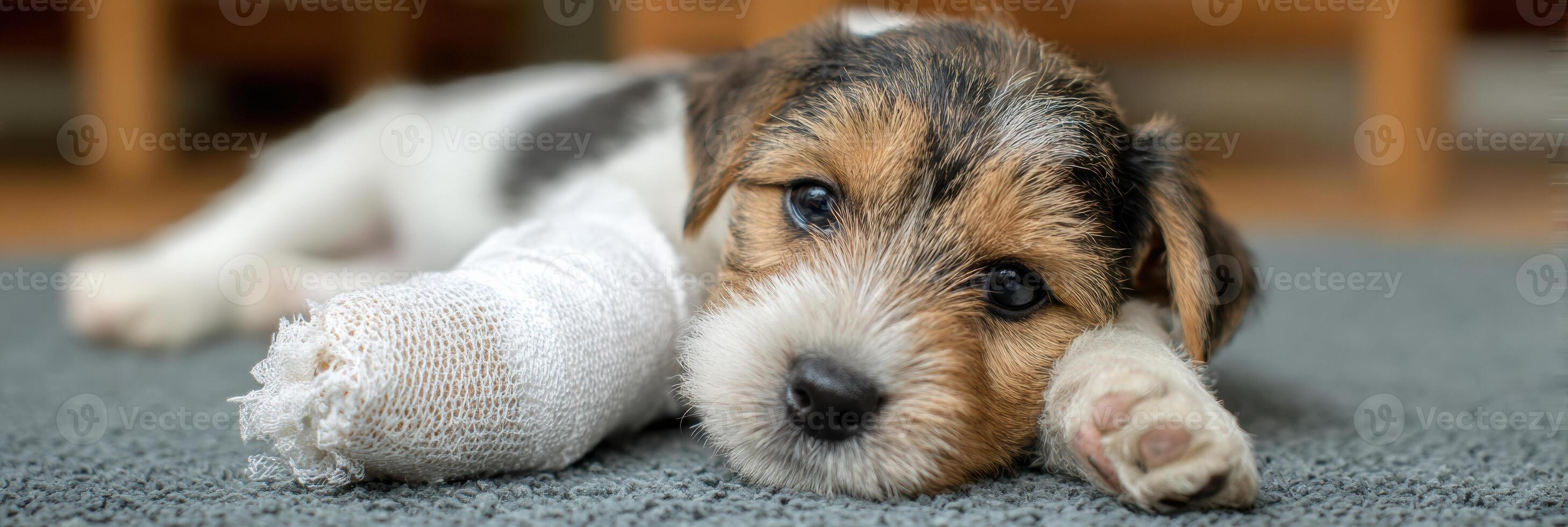 Puppy With Broken Paw in Cast Resting on Soft Mat Indoors During Afternoon Light photo