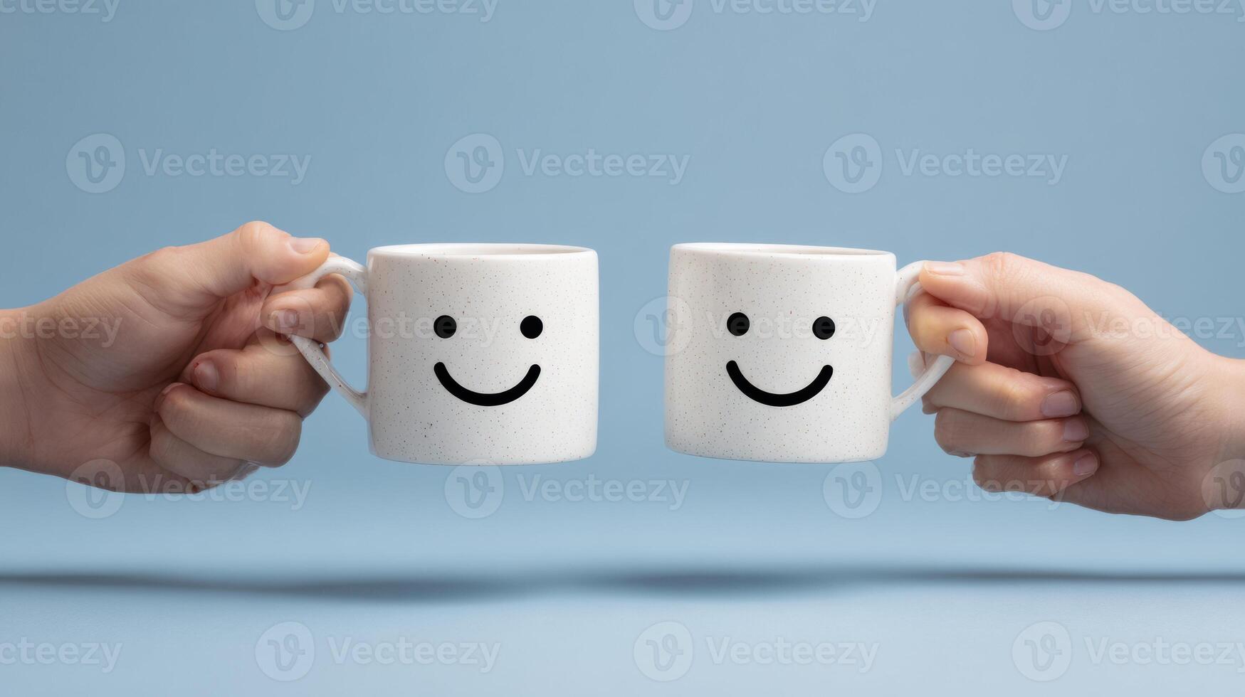 Two Hands Holding Smiley Face Cups Representing Conversation and Connection in a Bright Setting photo