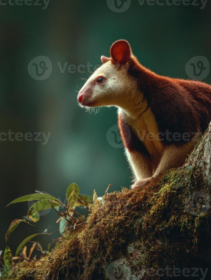 Tree Kangaroo Perched on a Mossy Trunk in a Lush Forest Showcasing Cool Tones and Serene Ambiance With Ample Space for Text photo