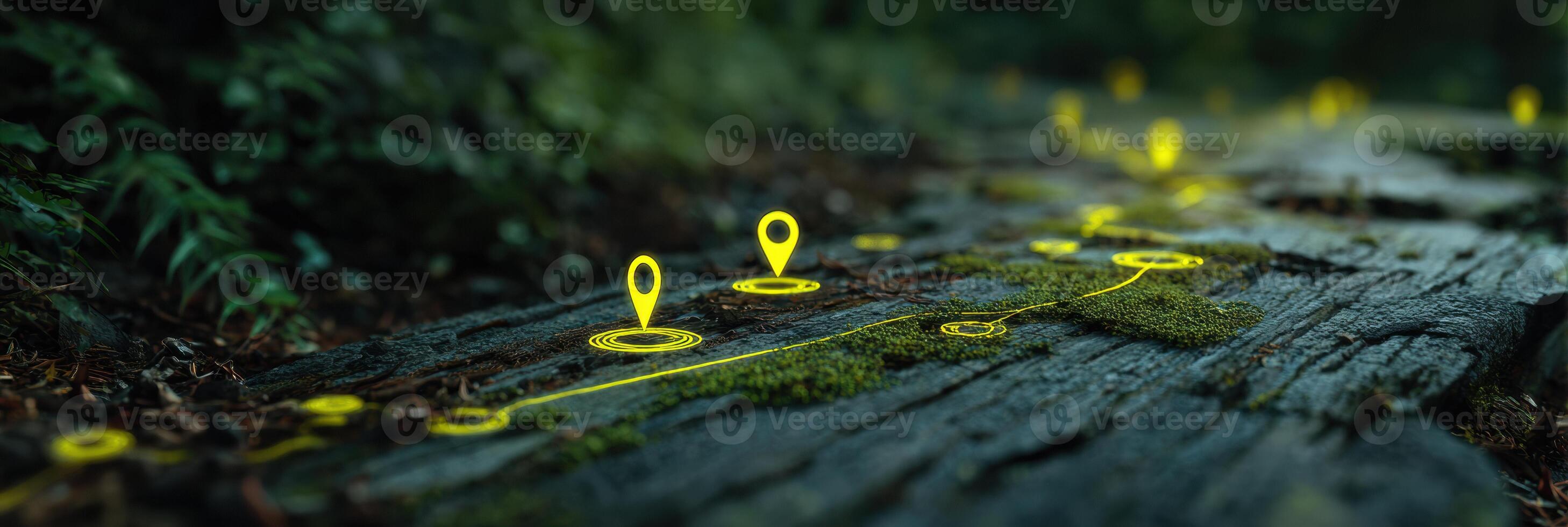 Glowing Hiking Trail With Map Pin Icons Illuminating a Natural Path in a Dense Forest During Twilight photo