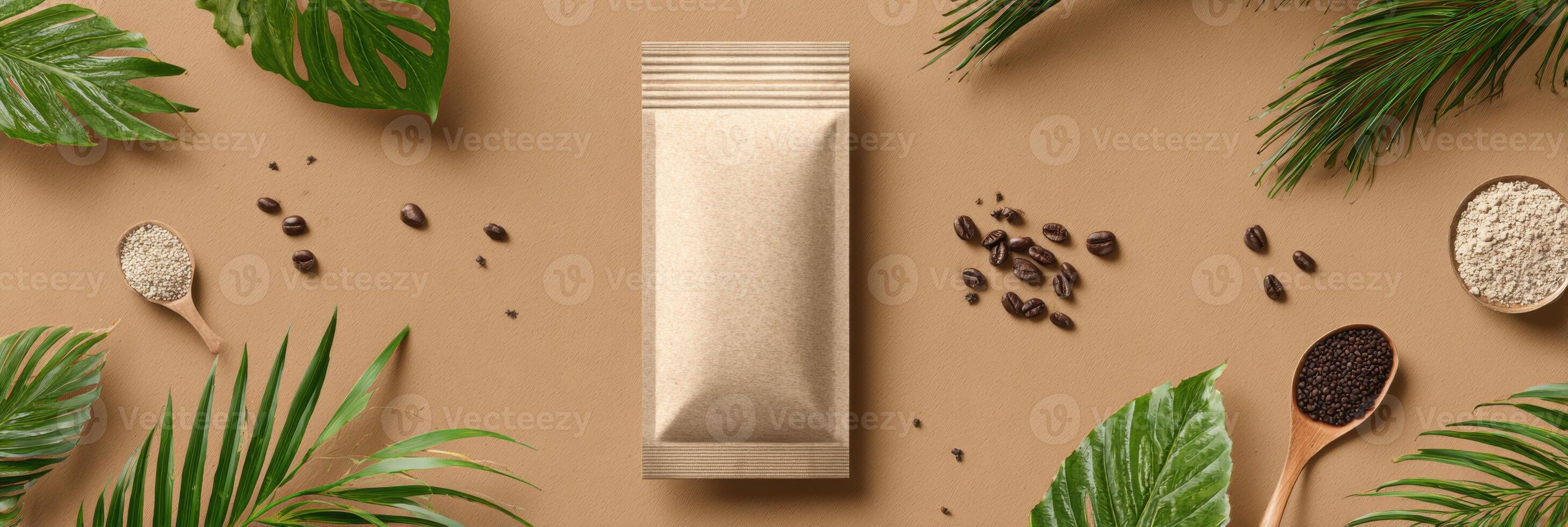Grain-free Food Pack Mockup Showcasing Natural Leaf Elements in an Inviting Composition photo