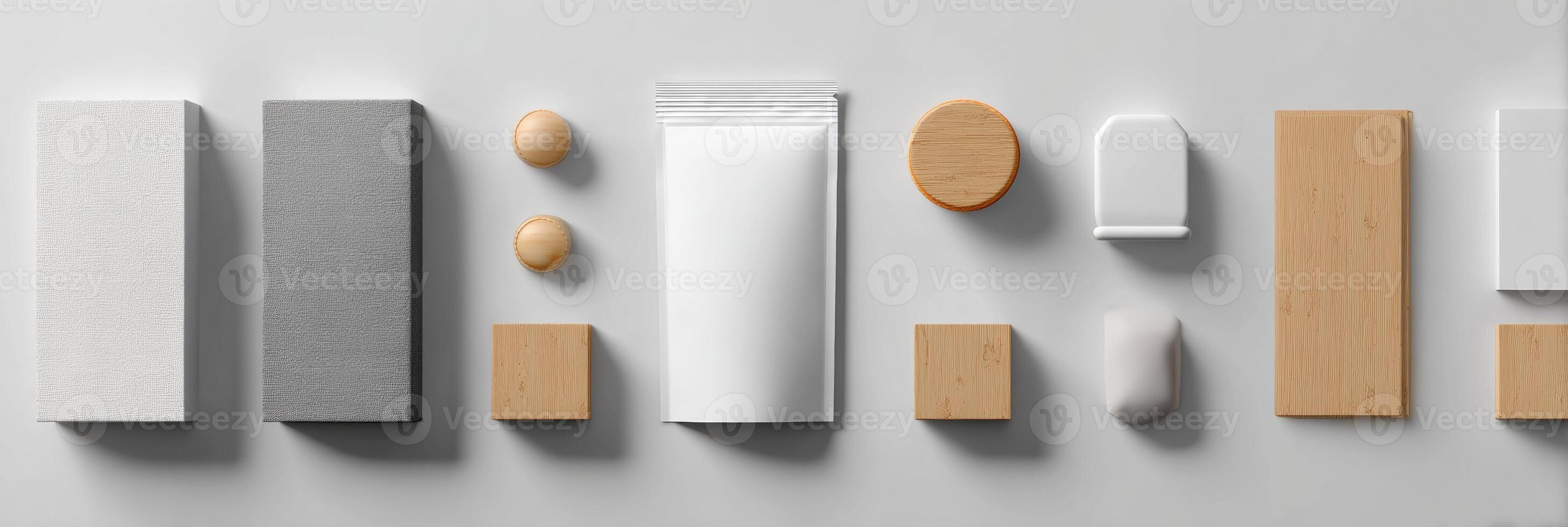 Simple Packaging Pouch Mockup With Minimalistic Props Arranged Neatly on a Clean Surface Showcasing Design Possibilities for Modern Branding photo