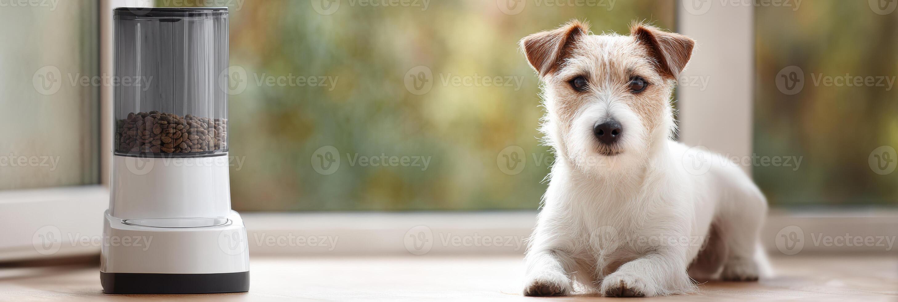 Small Breed Dog Patiently Waits Near Automatic Food Dispenser During Afternoon Light photo