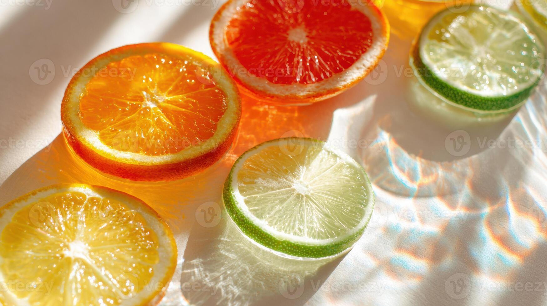 Bright Citrus Slices Arranged on a Glass Table Reflecting Light With a Clear Space Above photo