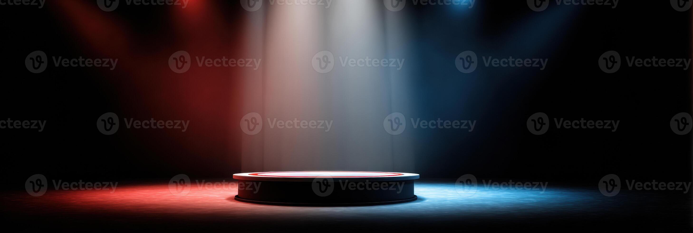 Political Debate Stage in Spotlight With an Empty Background Highlighting a Moment of Anticipation for an Upcoming Discussion Event photo