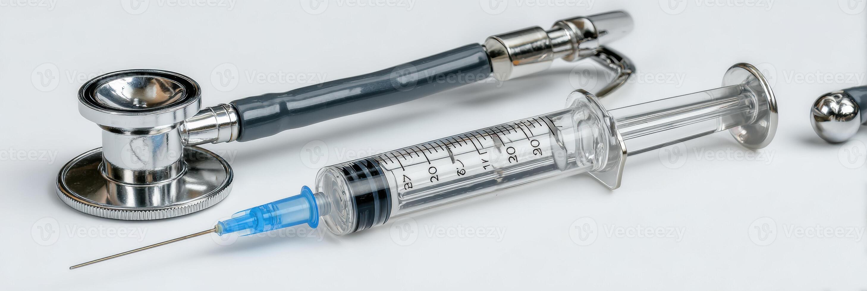Veterinary Tools Including a Syringe, Thermometer, and Stethoscope Arranged on a White Background for Animal Health Care photo