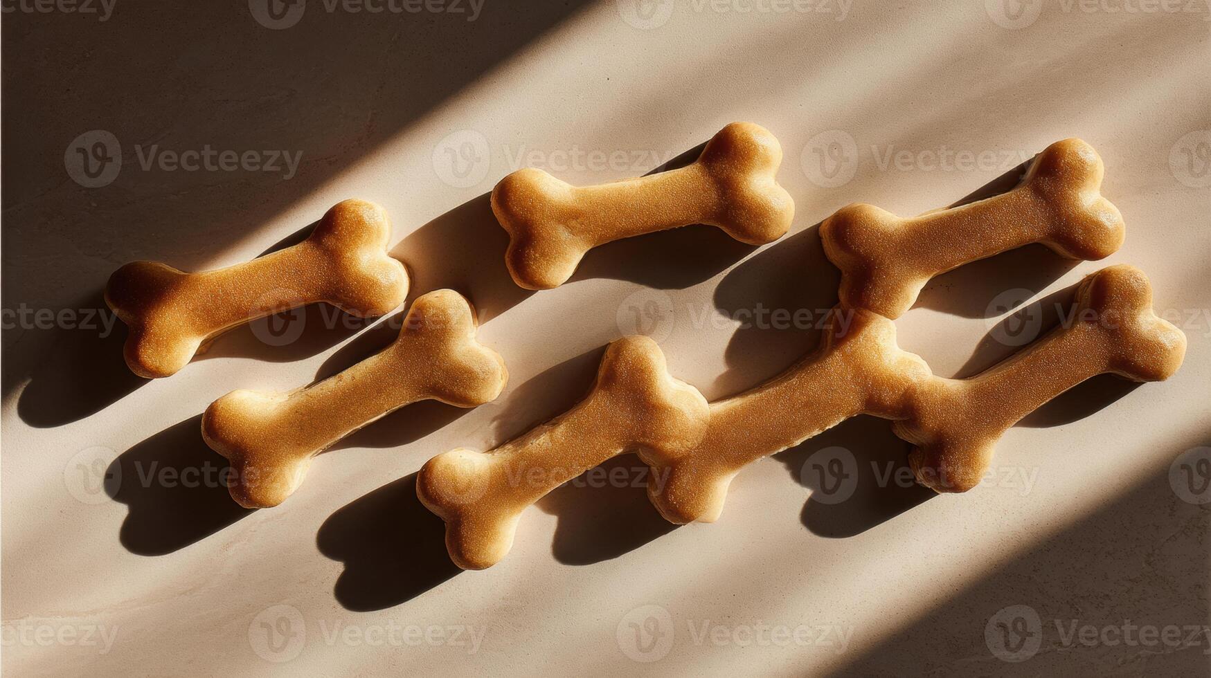 Sunlit Flat Lay of Dog Bone Treats Casting Playful Shadows on a Warm Surface During Daylight Hours photo