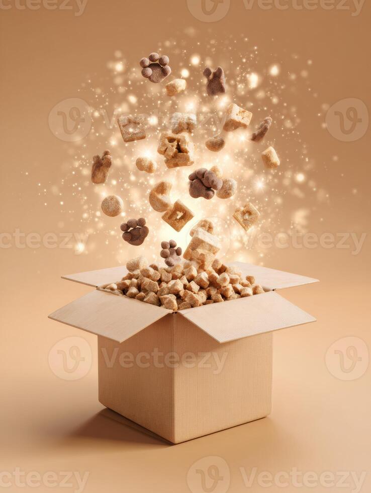 Pet Food Box Opens to Reveal an Explosion of Freshness With Sparkling Icons Surrounding Nutritious Treats and Playful Shapes photo