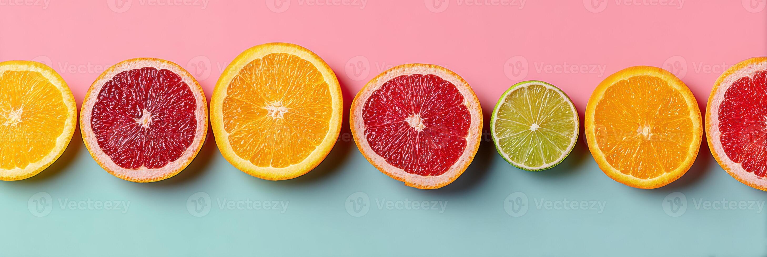 Vibrant Citrus Fruits Arranged in Geometric Pattern on Soft Pastel Background With Upper Third Free for Creativity and Design photo