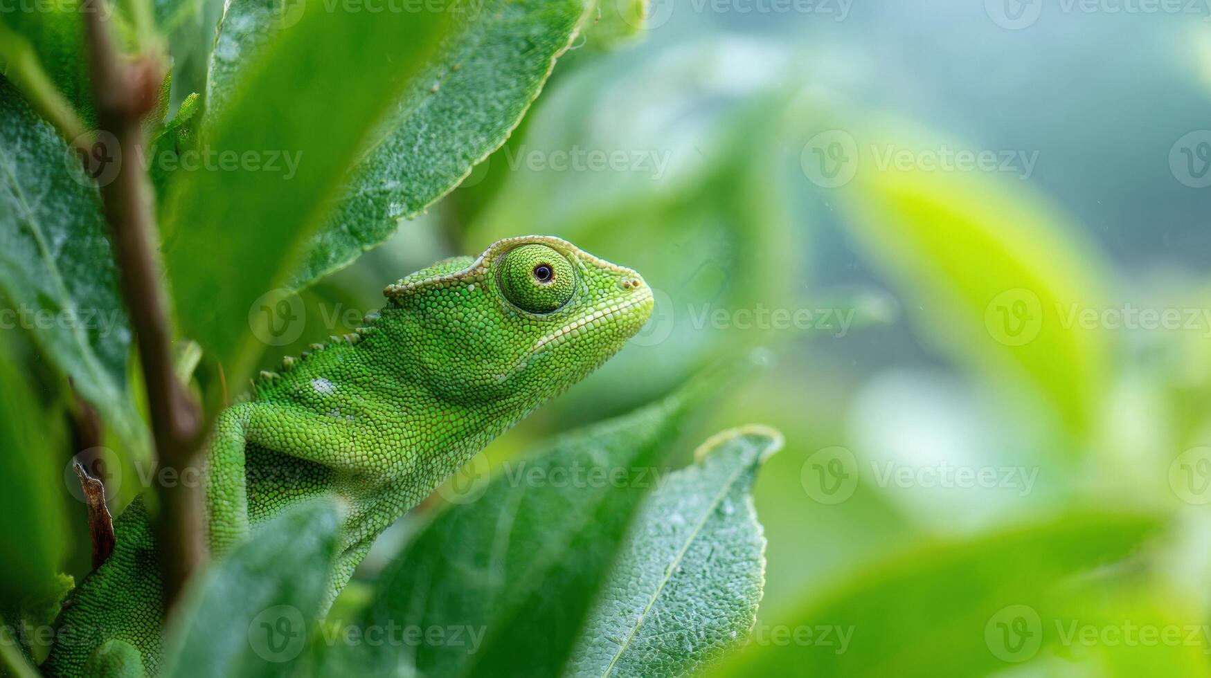 Chameleon Skillfully Blending Into Vibrant Green Leaf While Surrounded by Soft Bokeh in a Lush Environment photo