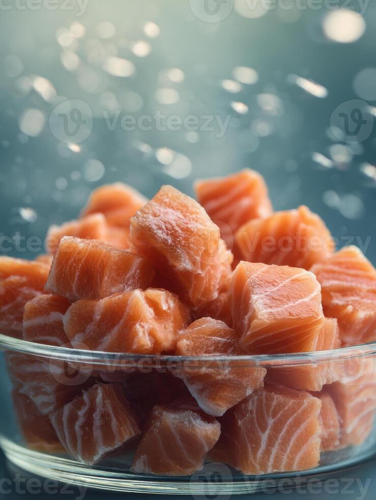 Fresh Salmon Chunks in a Pet Bowl Showcasing a Nutritious Meal Option for Pets at Home photo