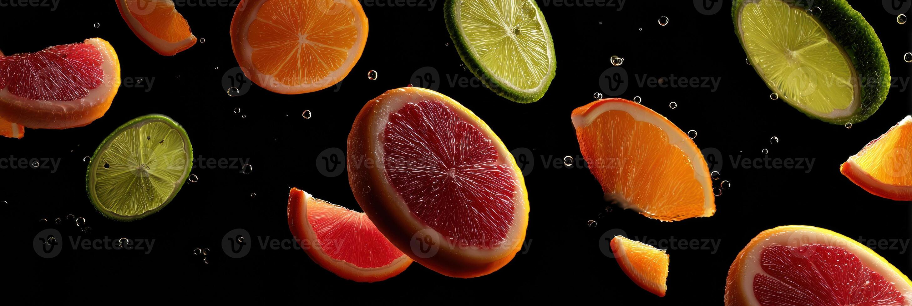 Fruit Slices Floating in Zero Gravity Surrounded by Bubbles in a Dark Environment photo