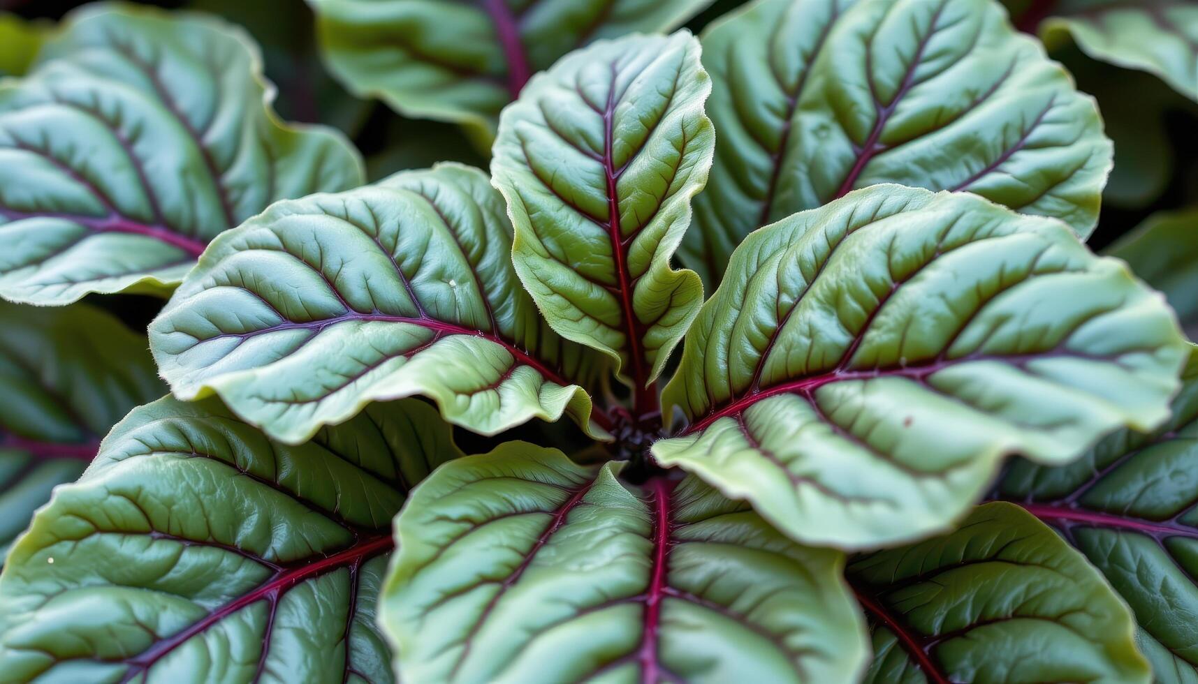 close up view of beet leaves with dark red veins contrasting their lush green surface. photo