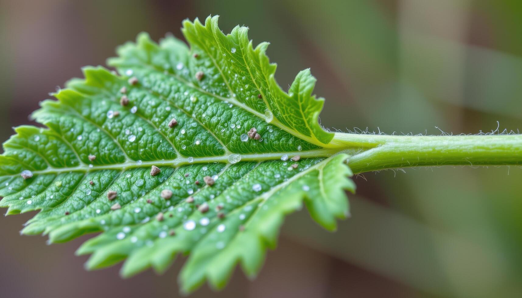 close up view of a dandelion leaf with jagged lobes and soft fuzz near the stem. photo