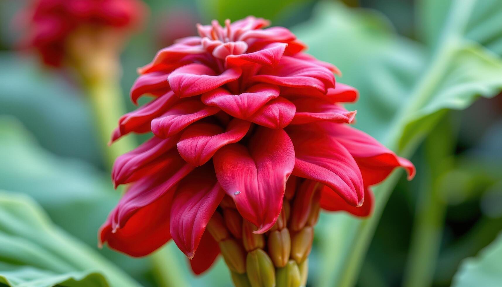 close up view of a torch ginger flower with bold, waxy red petals layered in a stunning cone shape. photo
