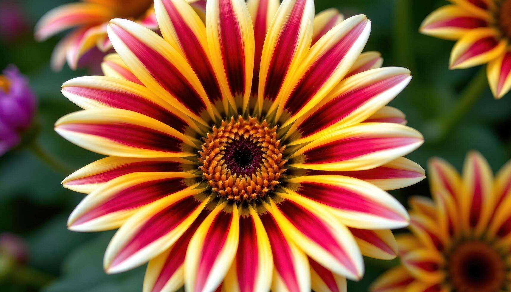 close up view of a gazania flower with daisy like petals in bold contrasting stripes. photo