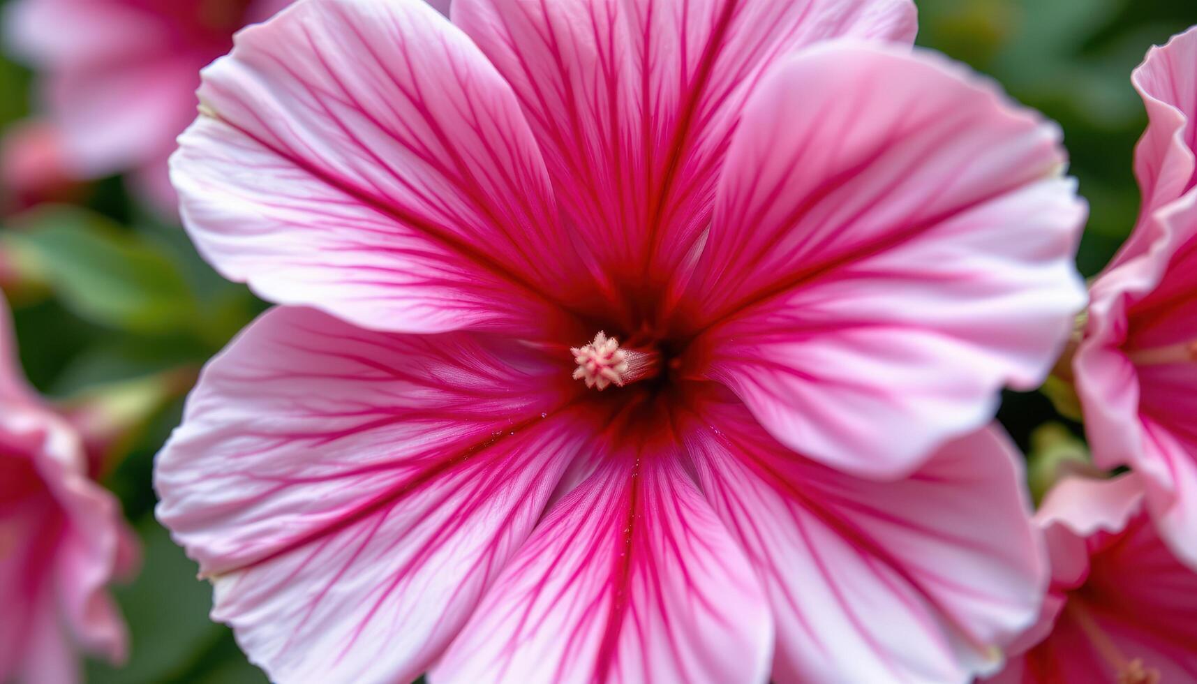 close up view of a geranium bloom with velvety petals and contrasting streaks of rich magenta. photo