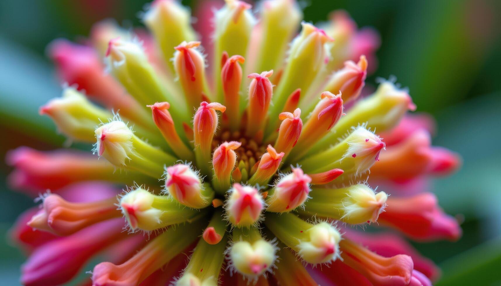 close up view of a kangaroo paw flower with fuzzy tubular petals in bright red and green. photo