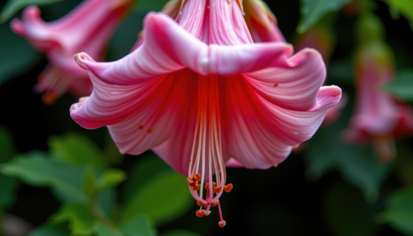 close up view of a trumpet flower with long, flaring petals hanging downward like a chandelier. photo