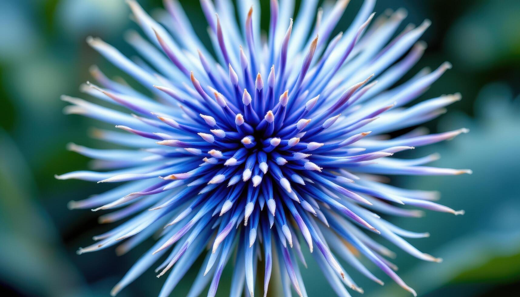 close up view of a globe thistle flower showing spiky, spherical structure in cool blue and lavender tones. photo