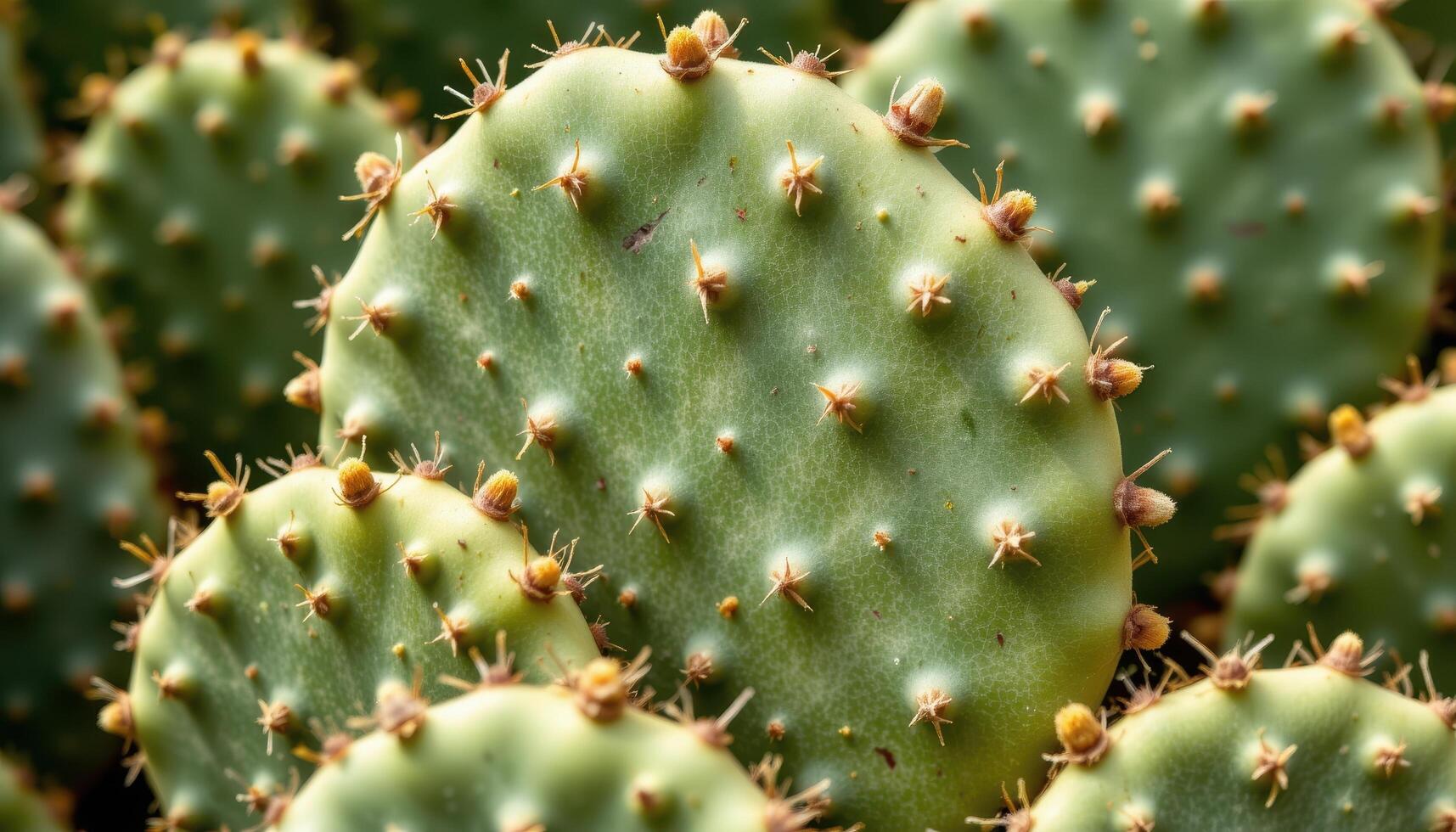 close up view of cactus pads with small, leaf like ridges and surface patterns under harsh light. photo