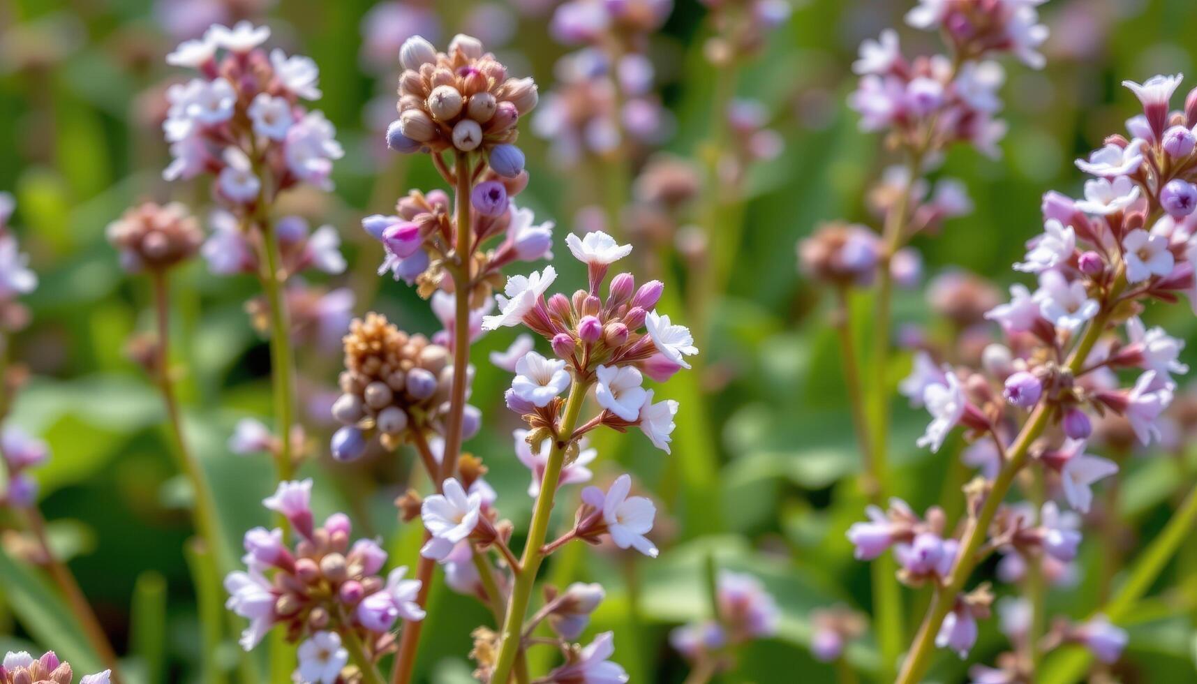 close up view of a meadow rue with airy white or lavender blossoms floating above tall stems. photo
