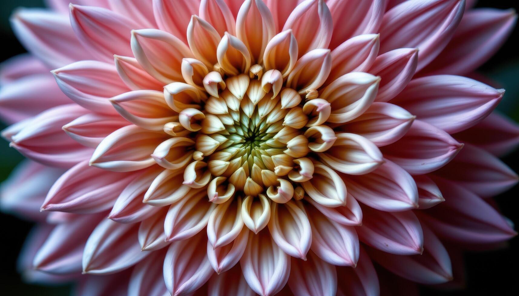 close up view of a chrysanthemum bloom with tightly packed petals forming complex, geometric layers. photo