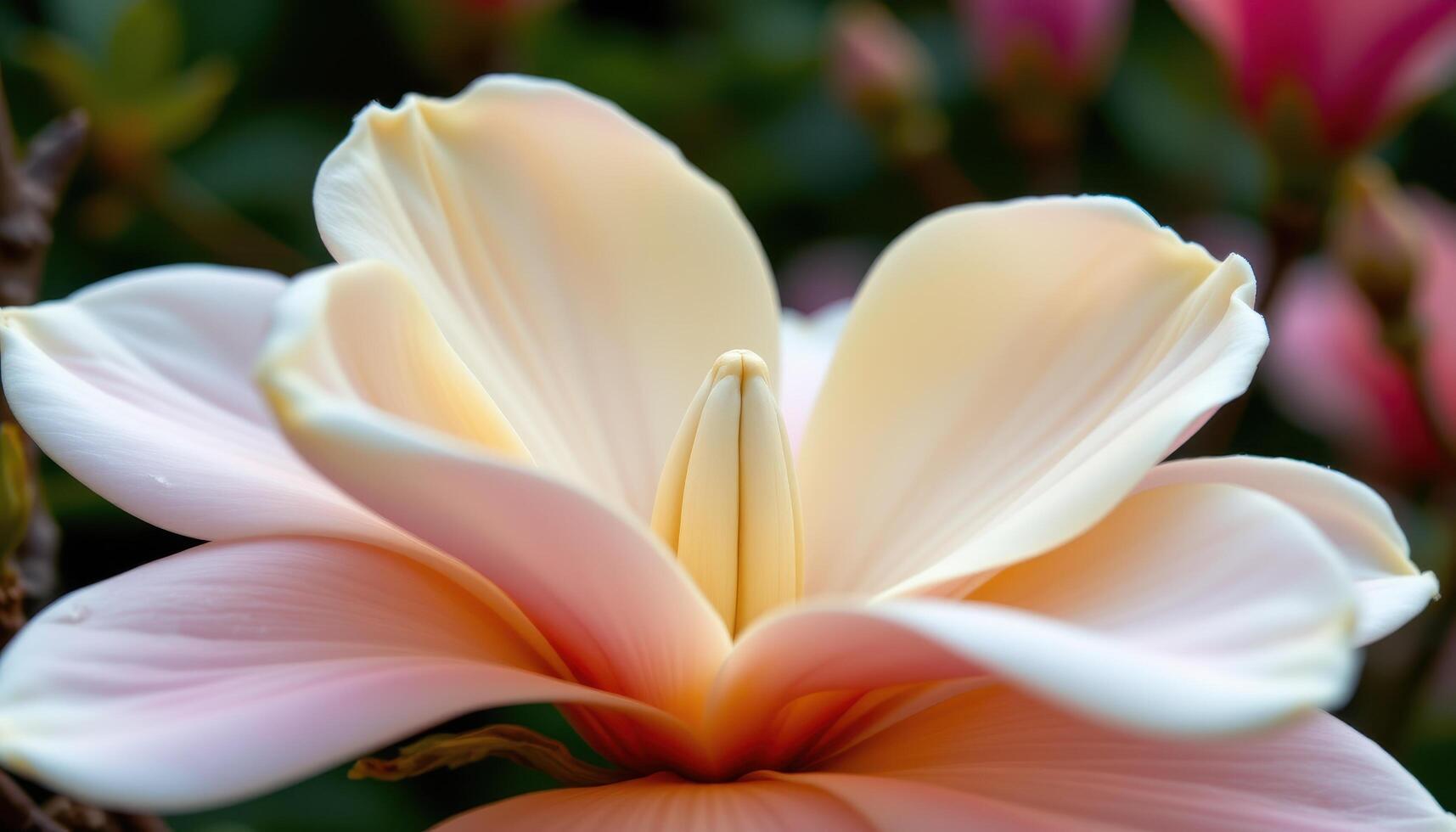 close up view of a magnolia blossom with creamy petals opening slowly to reveal a smooth central core. photo