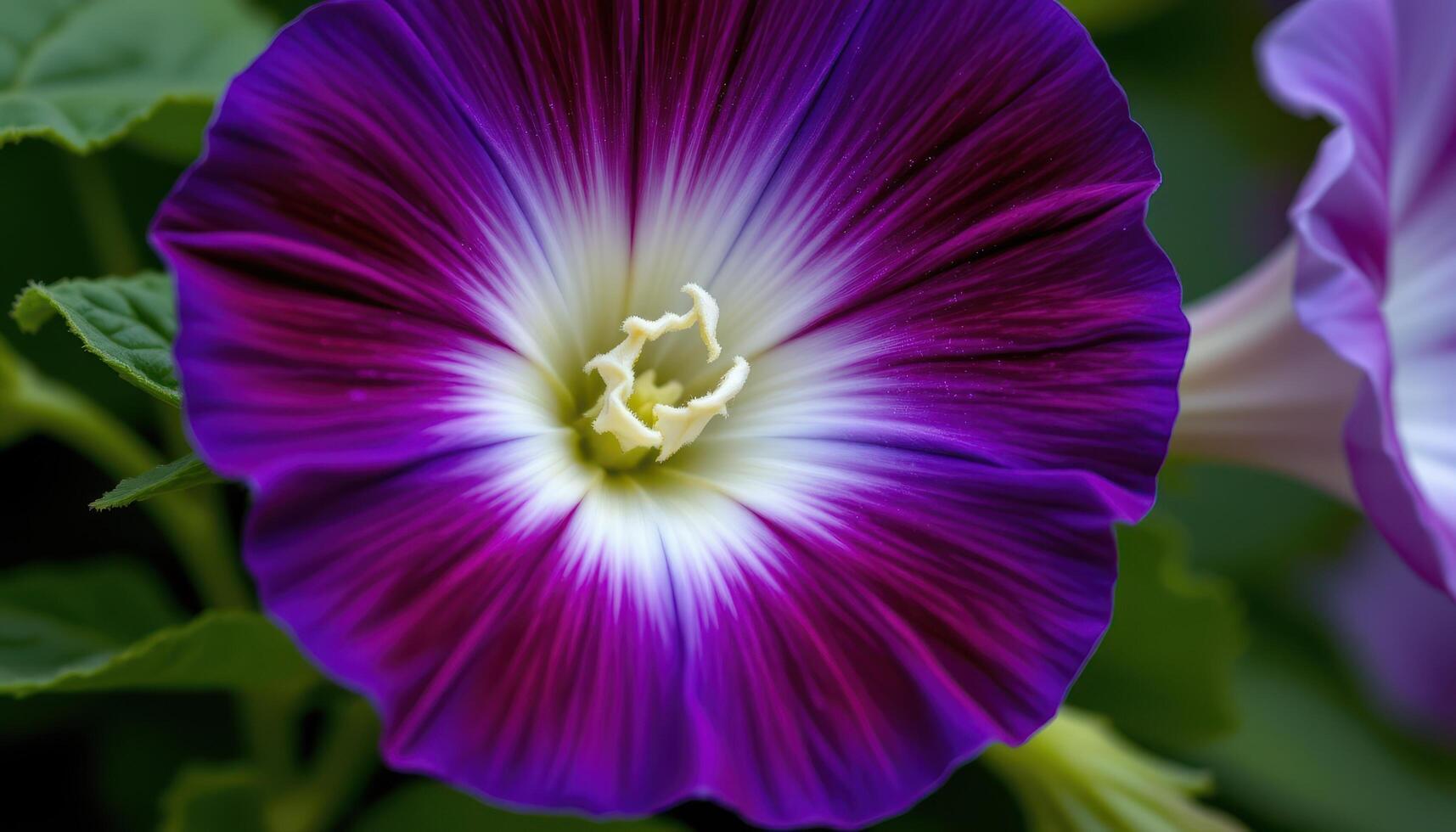 close up view of a morning glory with deep violet petals spiraling around a pale white star at its center. photo