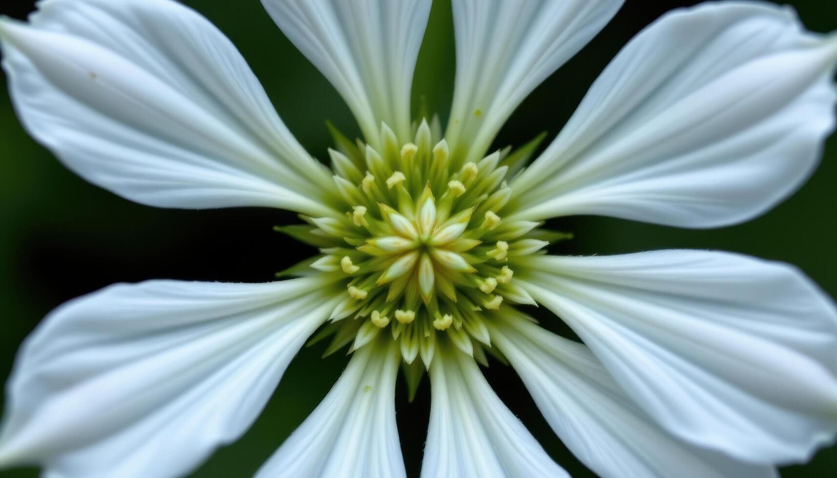 close up view of a snowflake flower with white petals arranged symmetrically around a pale green center. photo