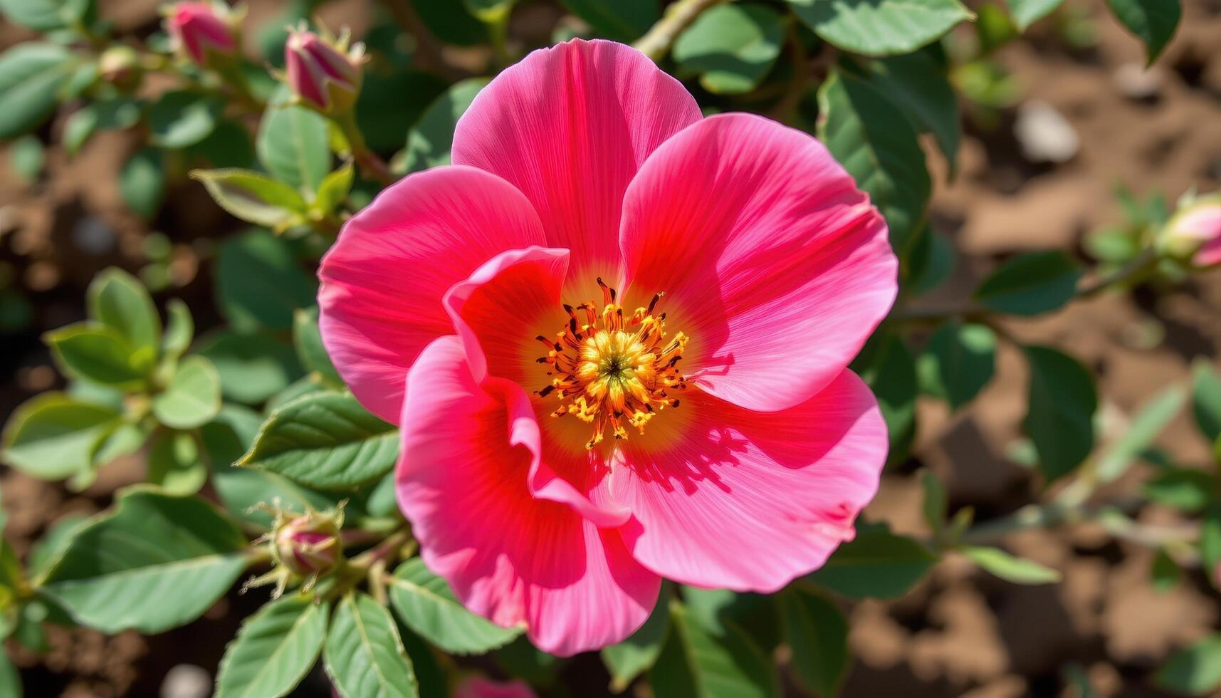 close up view of a desert rose with thick, waxy petals in vibrant pink forming a sturdy, dramatic bloom. photo