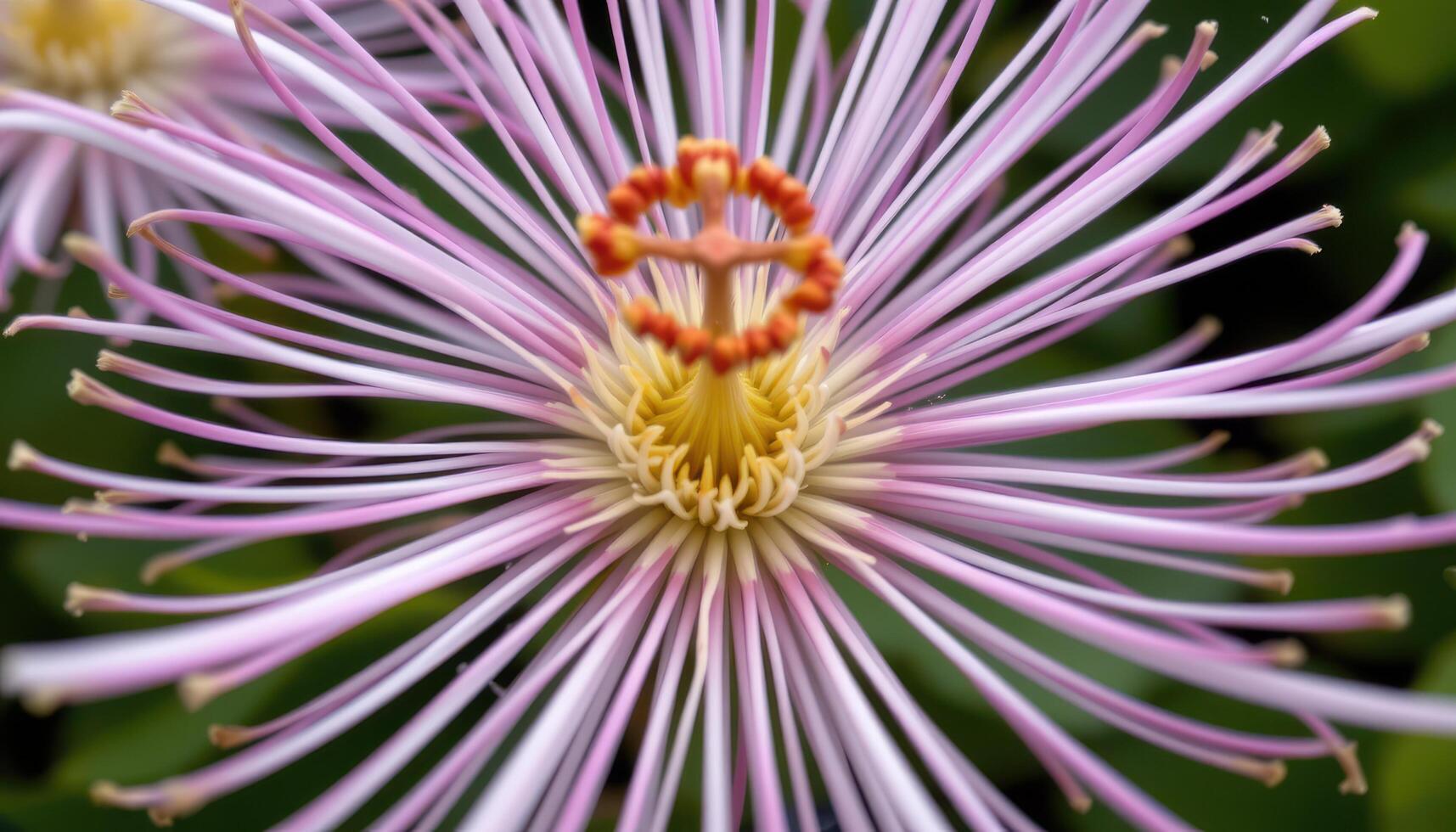 close up view of a spider flower with spidery, thread like petals splaying outward from a central core. photo