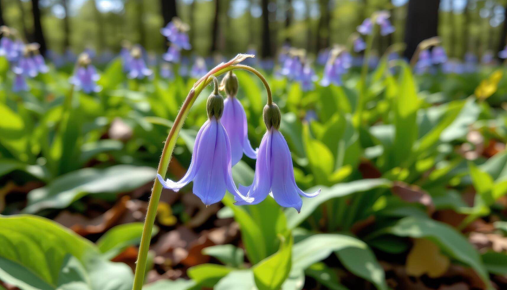 close up view of a virginia bluebell flower with drooping pastel blue bells in a shady woodland setting. photo