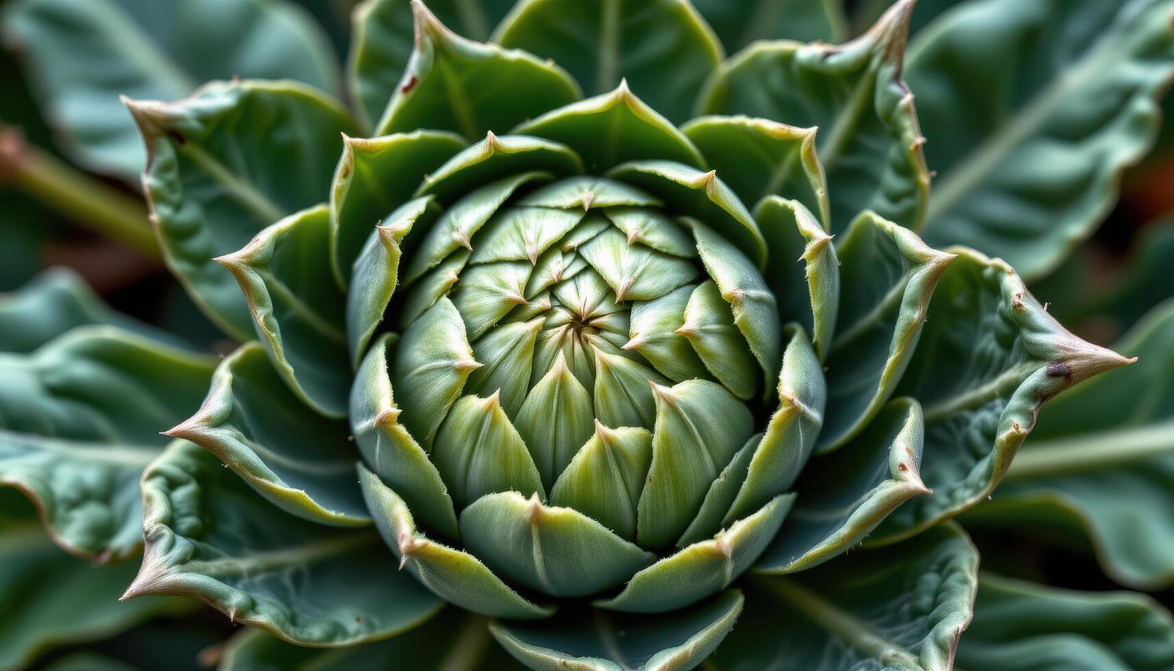 close up view of artichoke foliage with deep green color and rough spines. photo