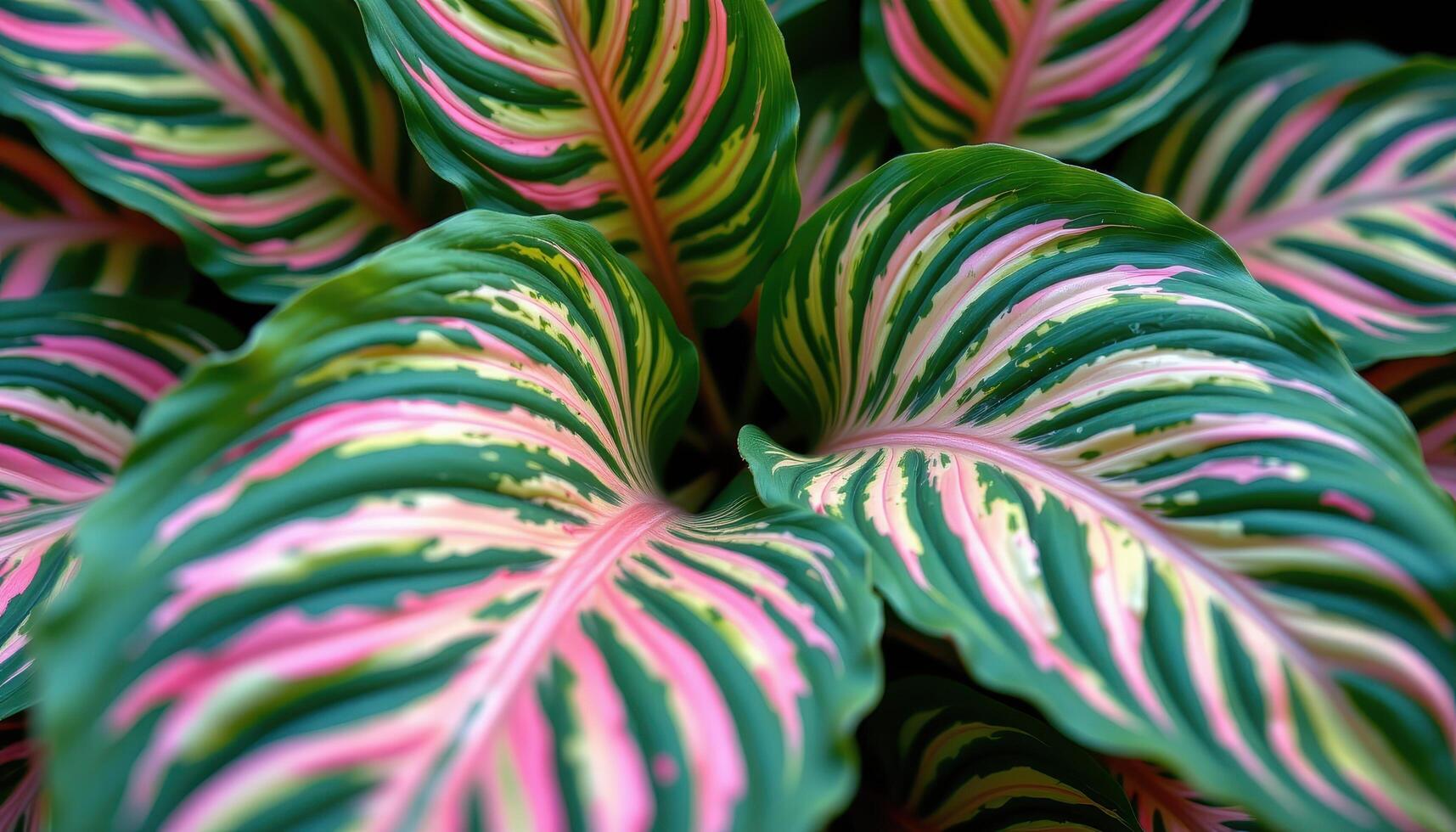 close up view of calathea foliage with intricate, feathery designs. photo