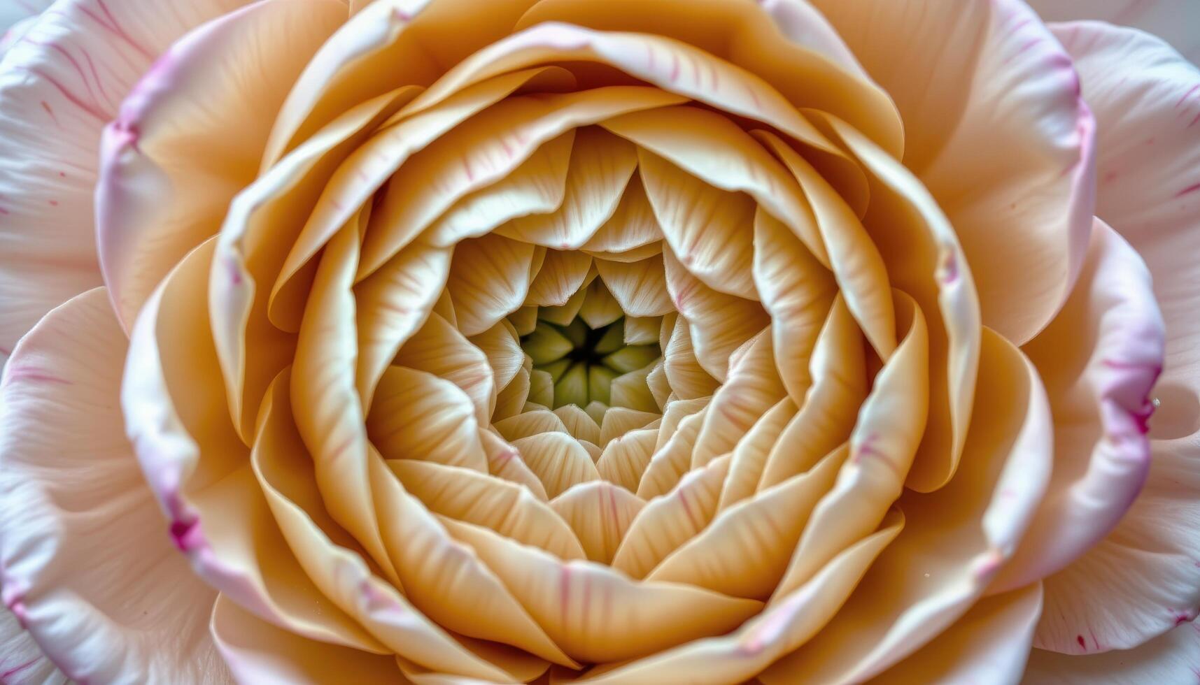 close up view of a ranunculus bloom with layer upon layer of thin, paper like petals forming a perfect spiral. photo