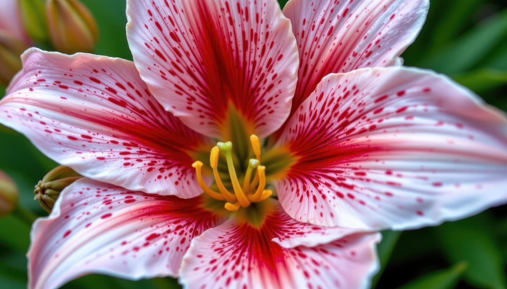 close up view of a stargazer lily with spotted pink petals curling backwards and prominent stamens. photo