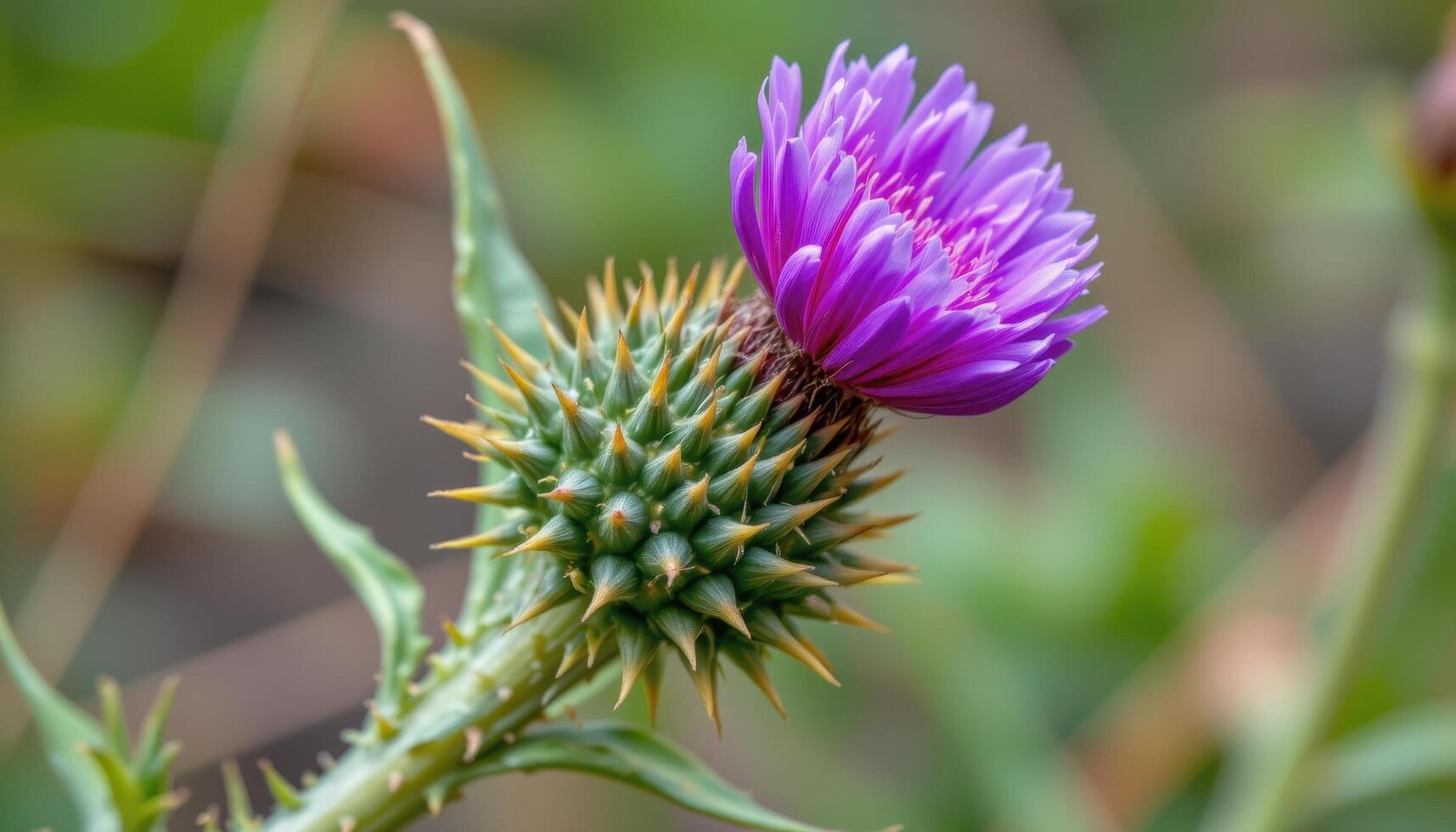 close up view of a thistle flower with a spiny stem and vibrant purple bloom at the top. photo