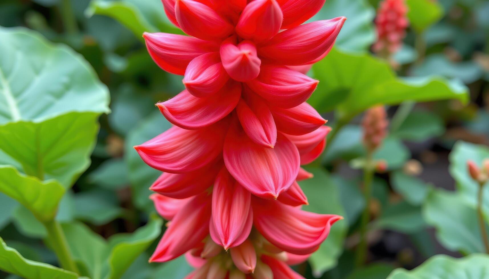 close up view of a torch ginger flower with large red petals spiraling into a towering cone. photo