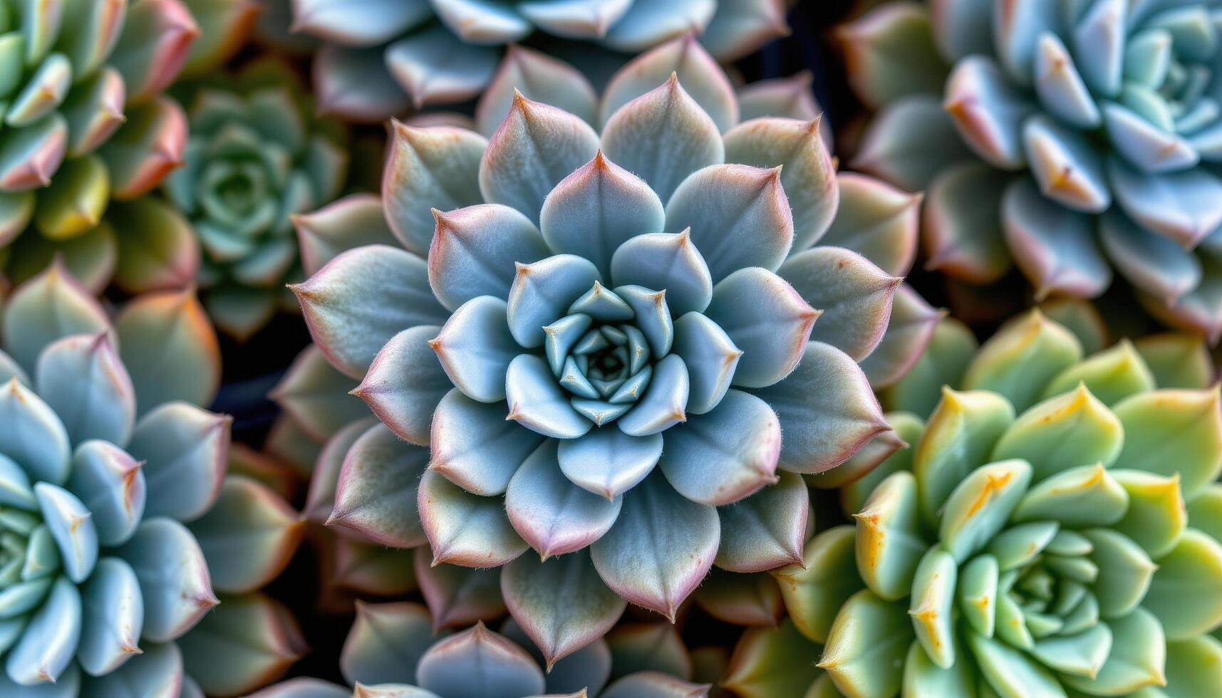 close up view of succulents with compact rosettes of plump leaves in varying shades of green and blue. photo