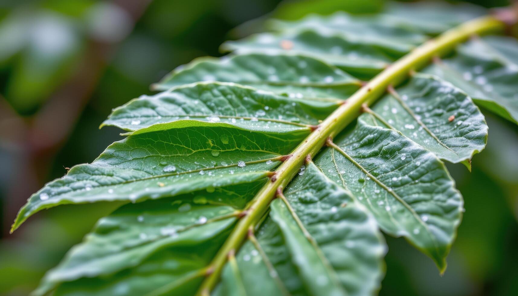 close up view of a neem tree leaf stem with alternating leaflets tapering toward the end. photo
