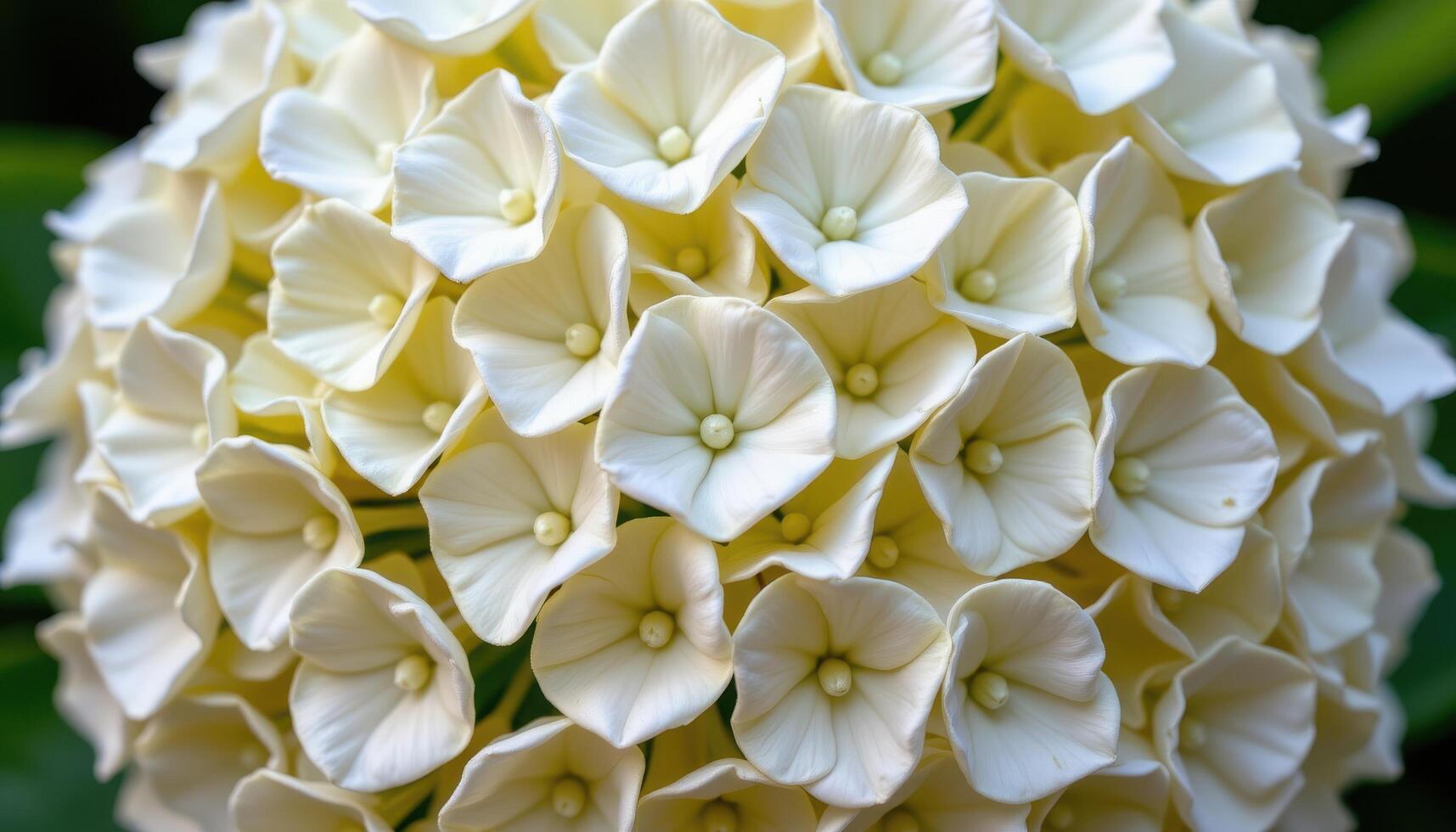close up view of a cluster of white hydrangea flowers forming a soft, cloud like sphere of delicate petals. photo