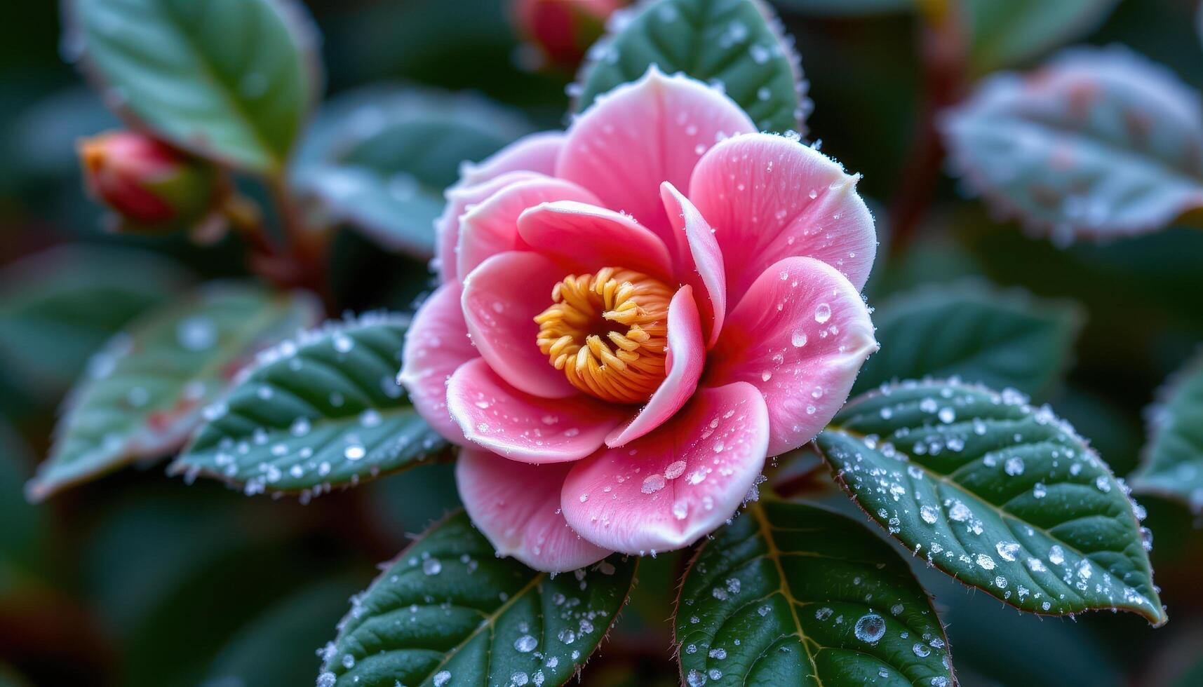 close up view of a single camellia bloom covered in early morning frost sparkling like tiny crystals. photo